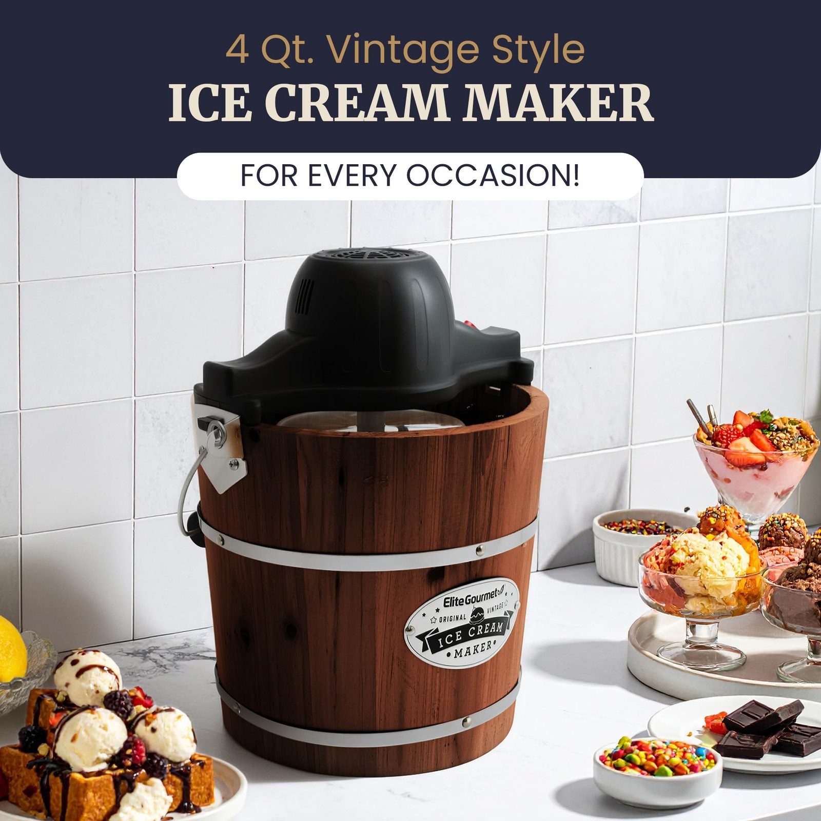 Elite Gourmet Eim418 Old Fashioned 4 Quart Vintage Walnut Wood Bucket Electric