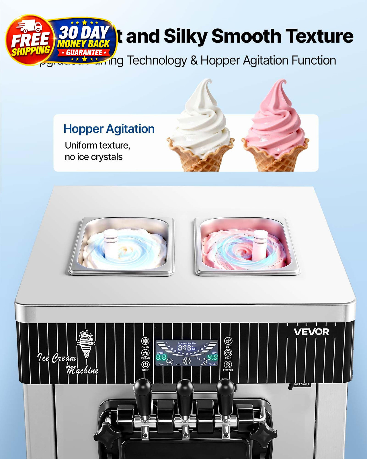 Commercial Ice Cream Machine 20-28L/H 3 Flavor Countertop Soft Serve Maker
