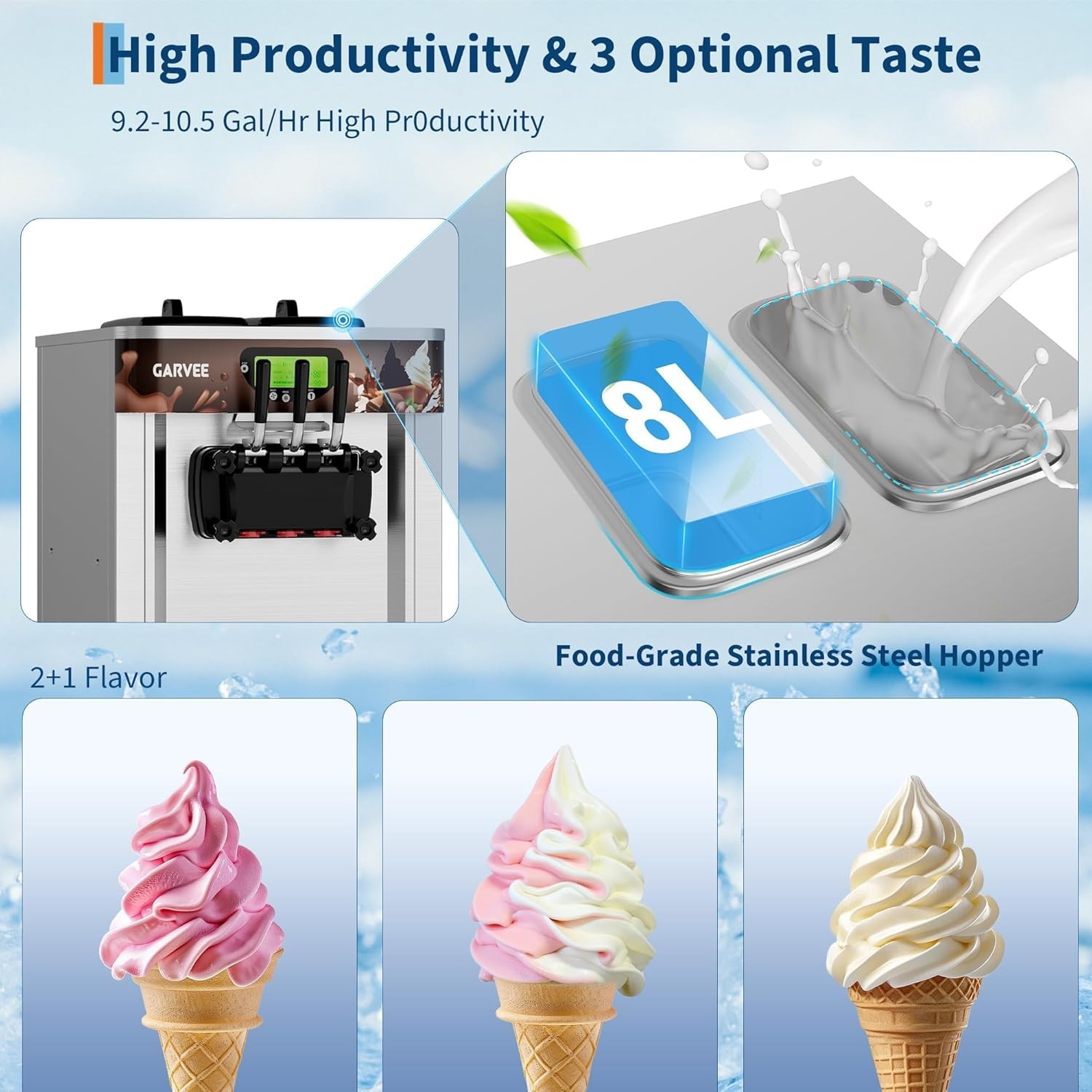 Commercial Soft Serve Ice Cream Machine 9.2-10.5 Gal/H Yield 3-Flavors