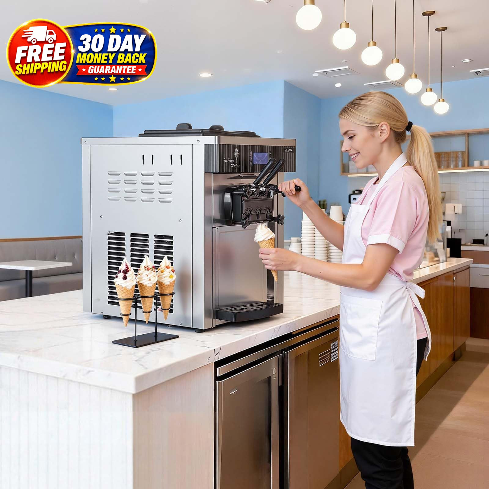 Commercial Ice Cream Machine 20-28L/H 3 Flavor Countertop Soft Serve Maker