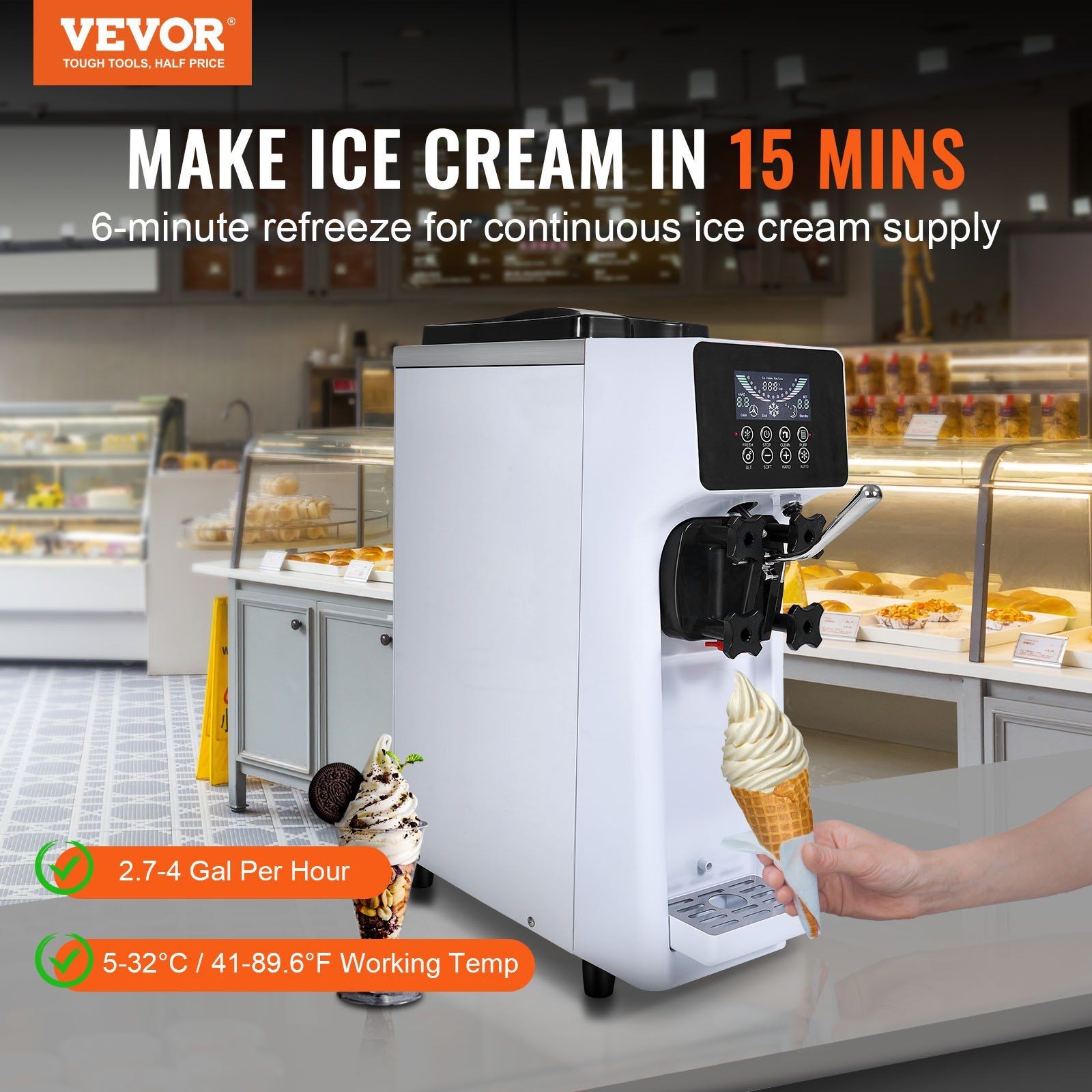 10.6QT/H 1000W Single Flavor Soft Serve Machine, 4L Hopper & 1.6L Cylinder