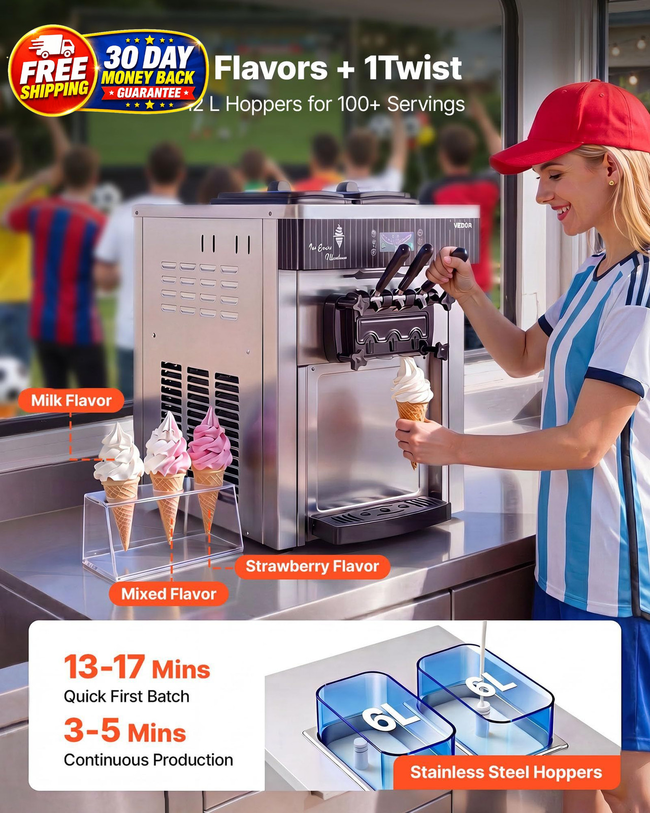 Commercial Ice Cream Machine 20-28L/H 3 Flavor Countertop Soft Serve Maker