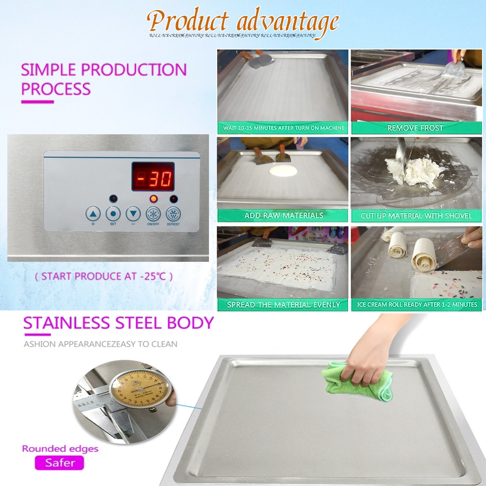 Kolice USA Countertop commercial single square roll ice cream machine 45x45cm