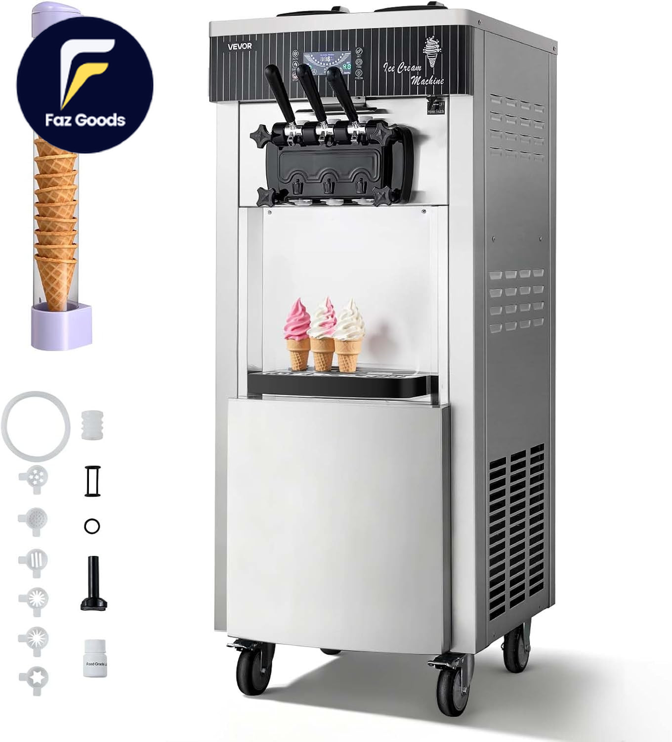 Commercial Ice Cream Machine, 20-28L/H Yield, 2200W 3-Flavor Freestanding Soft S
