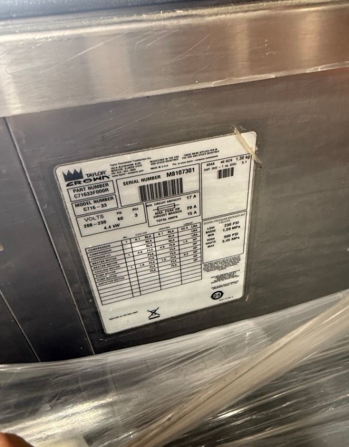2019 Taylor C716 air cooled soft serve machine (2 available) warranty