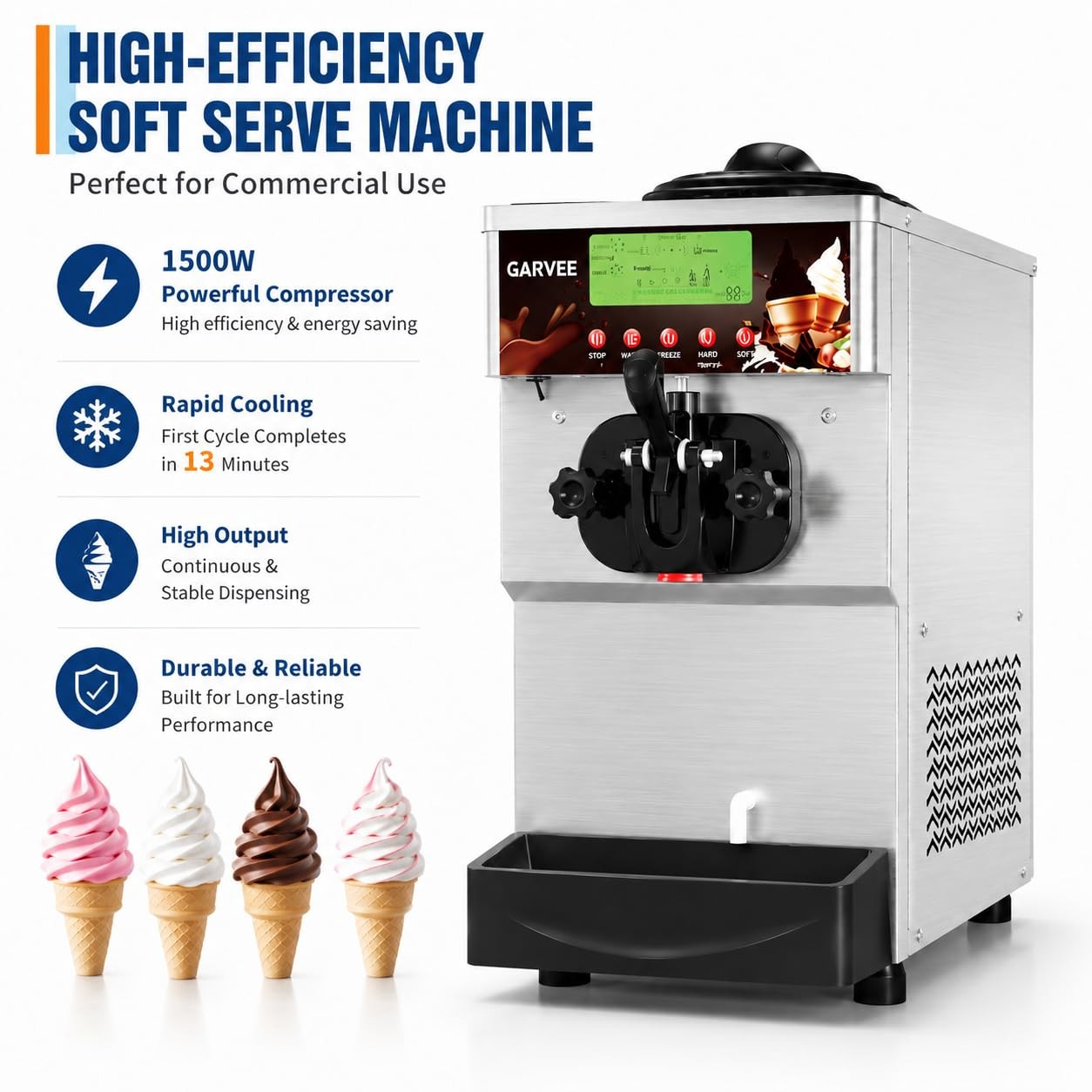 Arsupen 1500W Single-Flavor Soft Serve Machine 20-28L/H Two 6L SS Hoppers