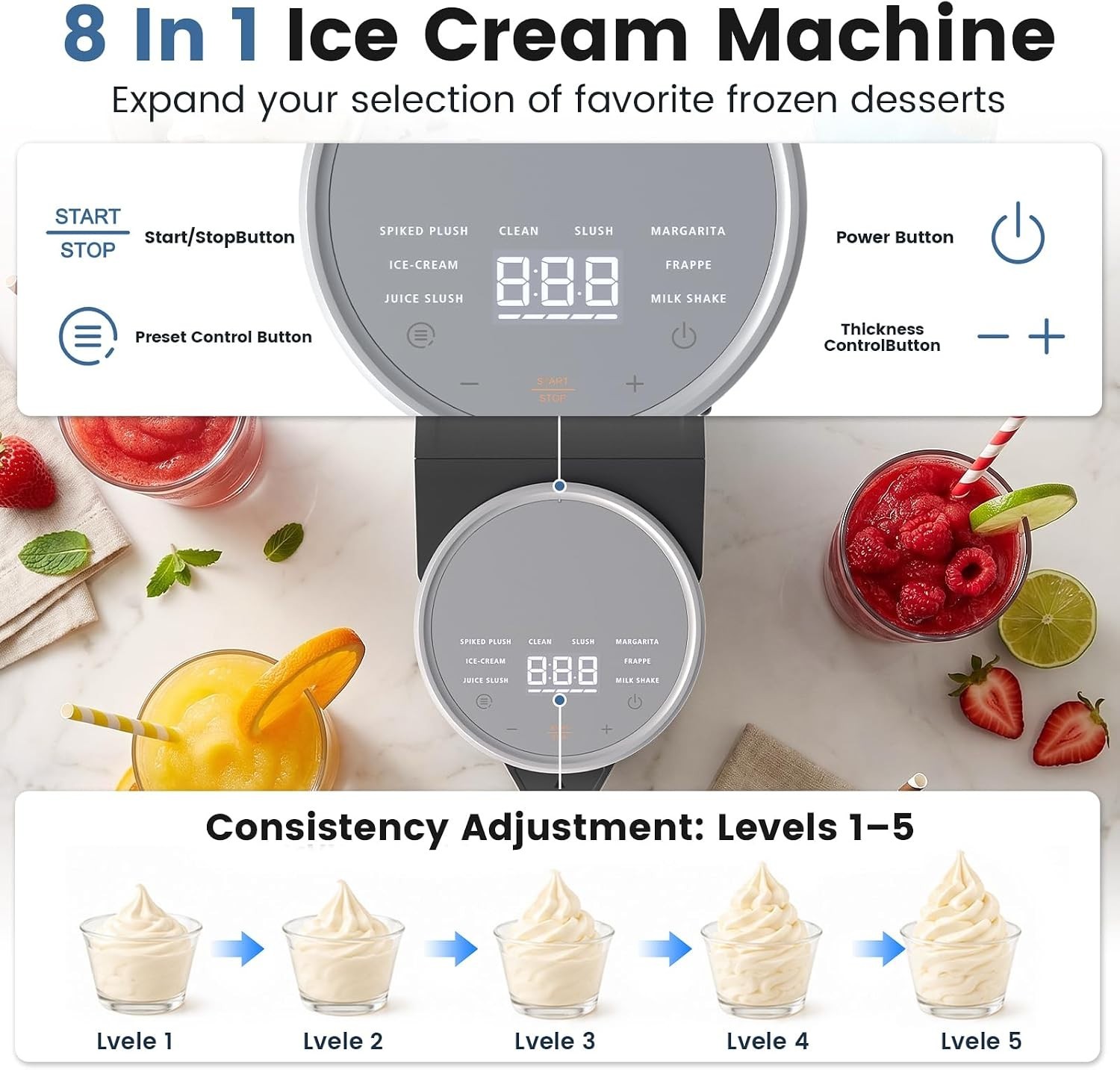 8-in-1 Compact Ice Cream Machine for Soft Serve Ice Cream, Slushie & Milkshake