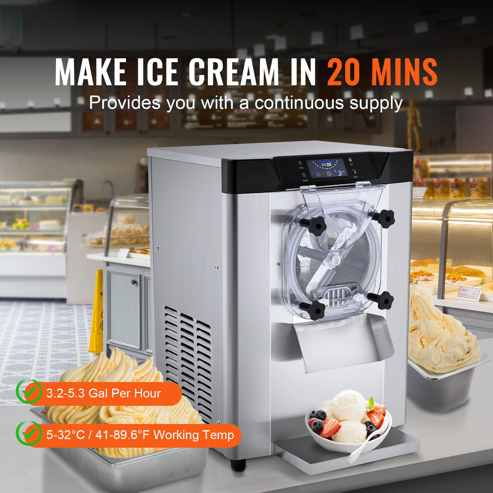 VEVOR Commercial Soft/Hard Serve Ice Cream Machine Maker 10-44L/H Yield 3 Flavor