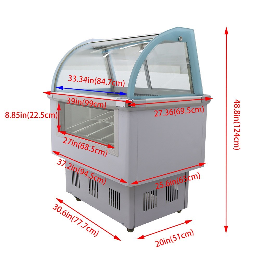 220V 10PAN Ice Cream Showcase Gelato Display Case Freezer LED Light Large Window