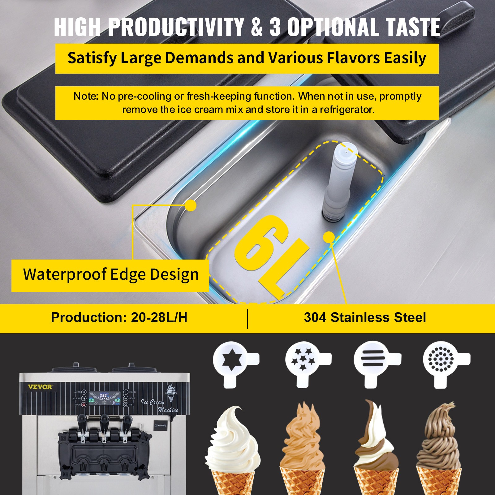 VEVOR Countertop Soft Ice Cream Machine Commercial 3 Flavors Ice Cream Maker