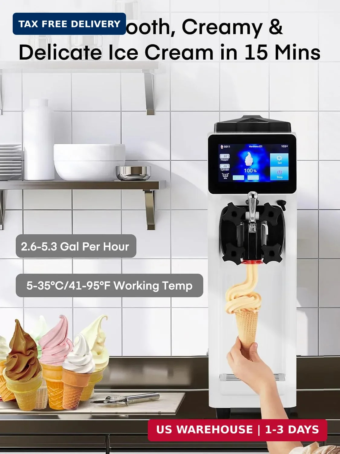 Commercial Ice Cream Machine White Soft Serve Machine 10.4-20 QT/H Pre-Cooling