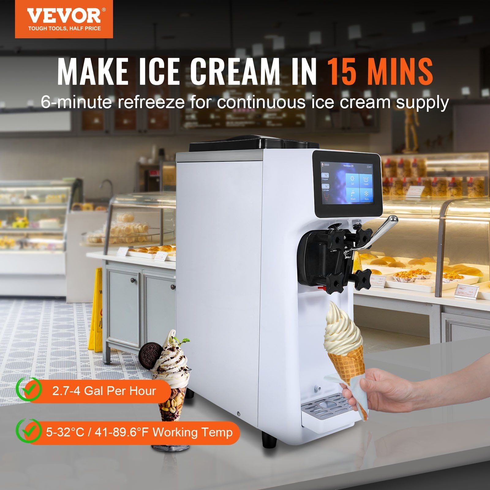 10.6QT/H 1000W Single Flavor Soft Serve Machine, 4L Hopper & Auto Clean