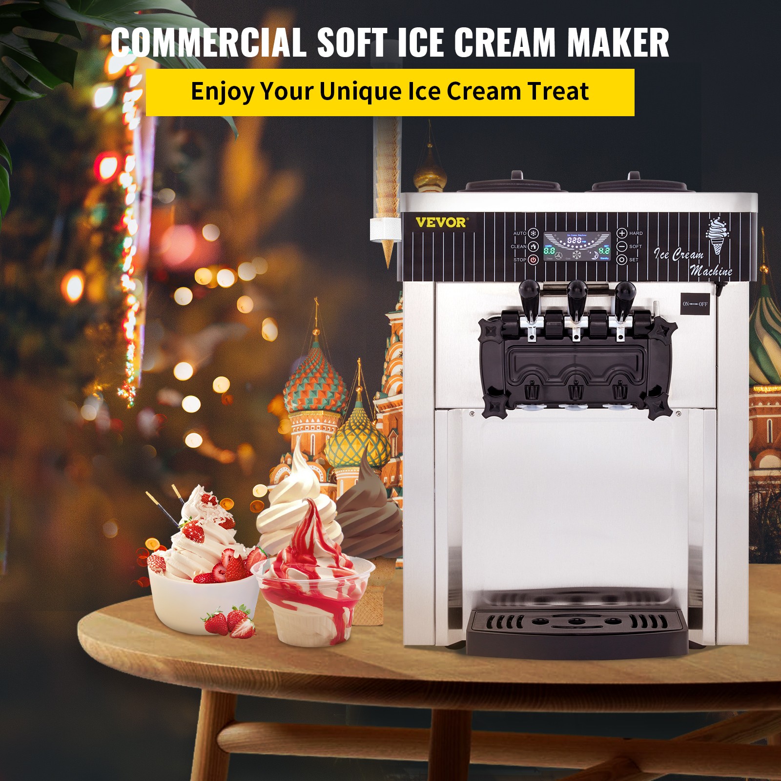 VEVOR Countertop Soft Ice Cream Machine Commercial 3 Flavors Ice Cream Maker