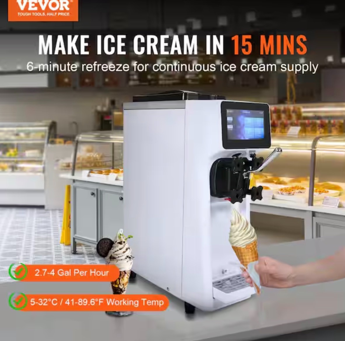 Commercial Ice Cream Machine, 10.6 QT/H Yield, 1000W Single Flavor Countertop