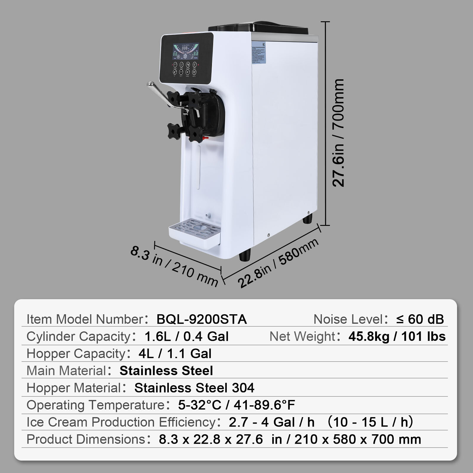 VEVOR Soft Serve Ice Cream Machine Maker 10L/H Yield Single Flavor Countertop
