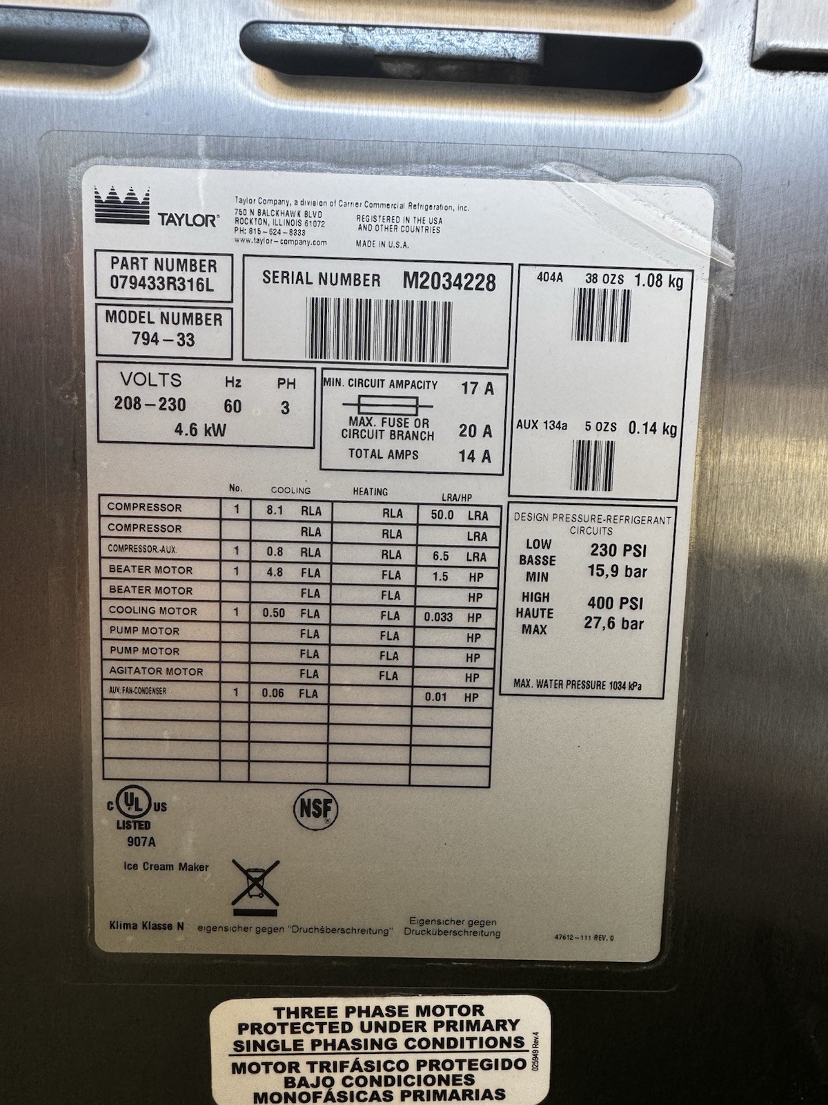 Taylor Ice Cream Machine 794-33 – 2 Flavor + Twist – Water Cooled – Never Used