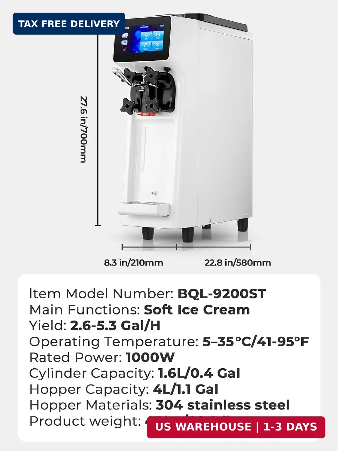 Commercial Ice Cream Machine White Soft Serve Machine 10.4-20 QT/H Pre-Cooling
