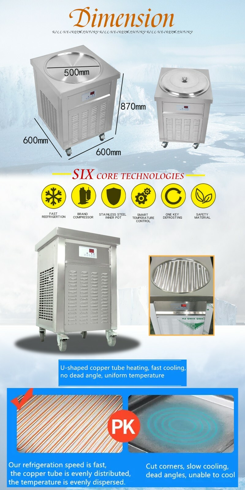 Kolice ETL 22″ round pan fried ice ceram roll machine,fry ice cream machine