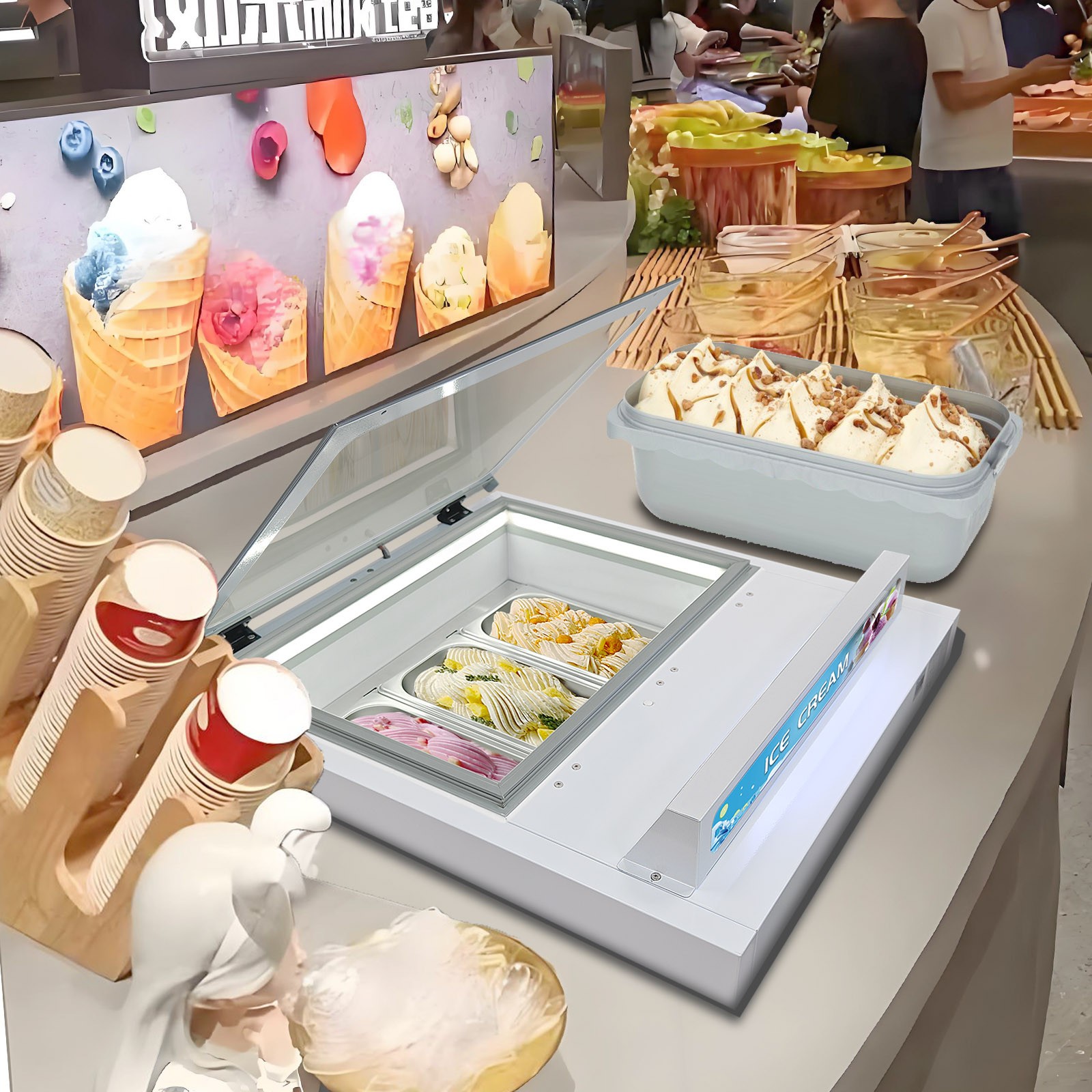 USA Kolice Ice Cream Dipping Cabinet Showcase Freezer with 3 Pans, Auto Defrost