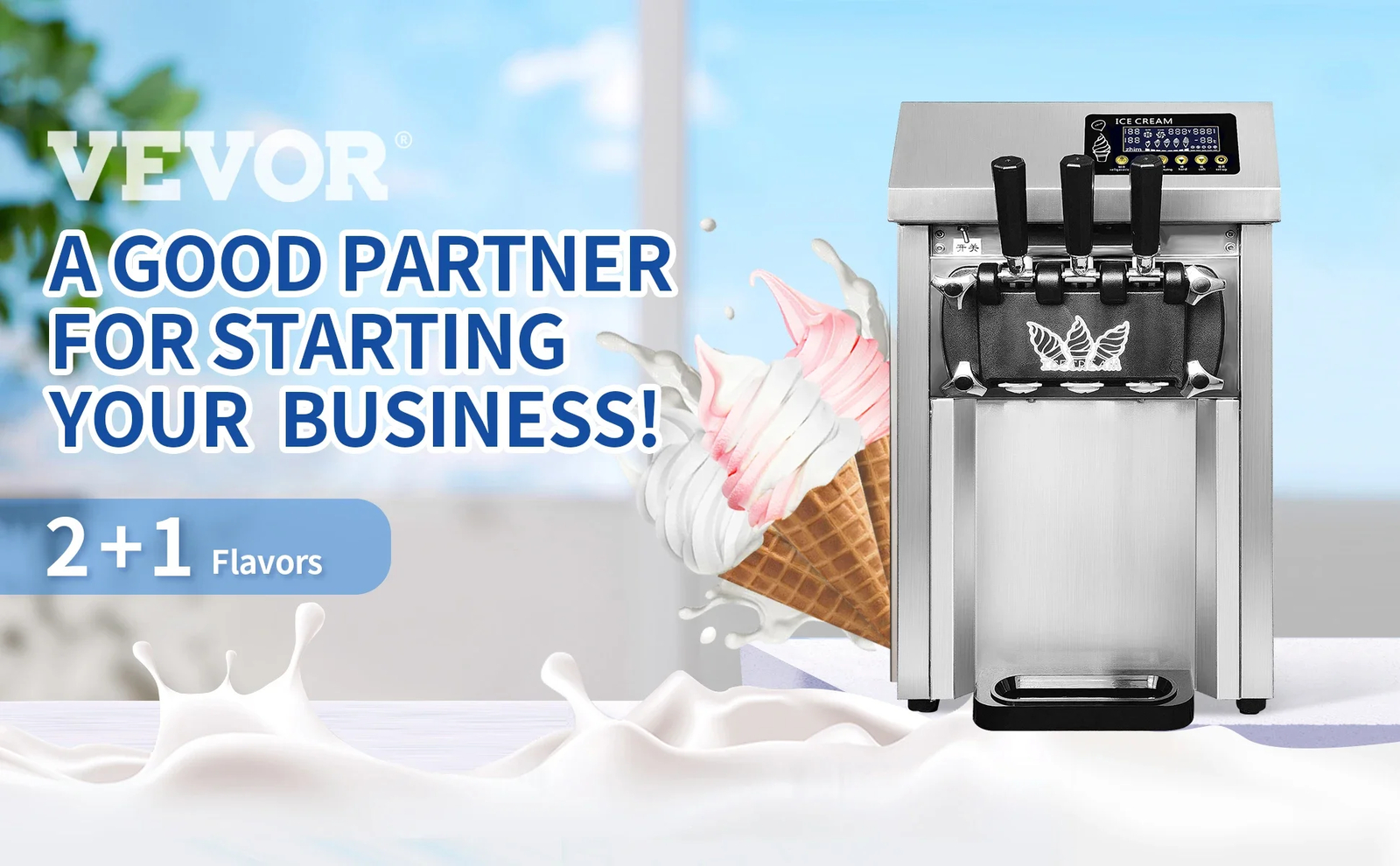 VEVOR 18-20L/h Commercial Ice Cream Machine Countertop Soft Serve Maker 3Flavors