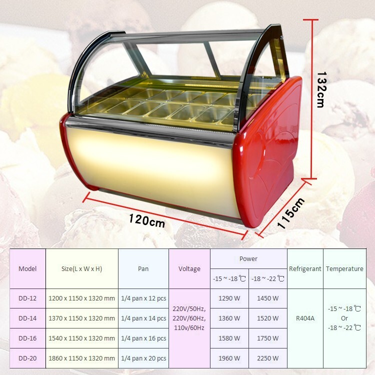 Kolice Air convection design 8 pans Gelato Display Freezer, anti-fog glass