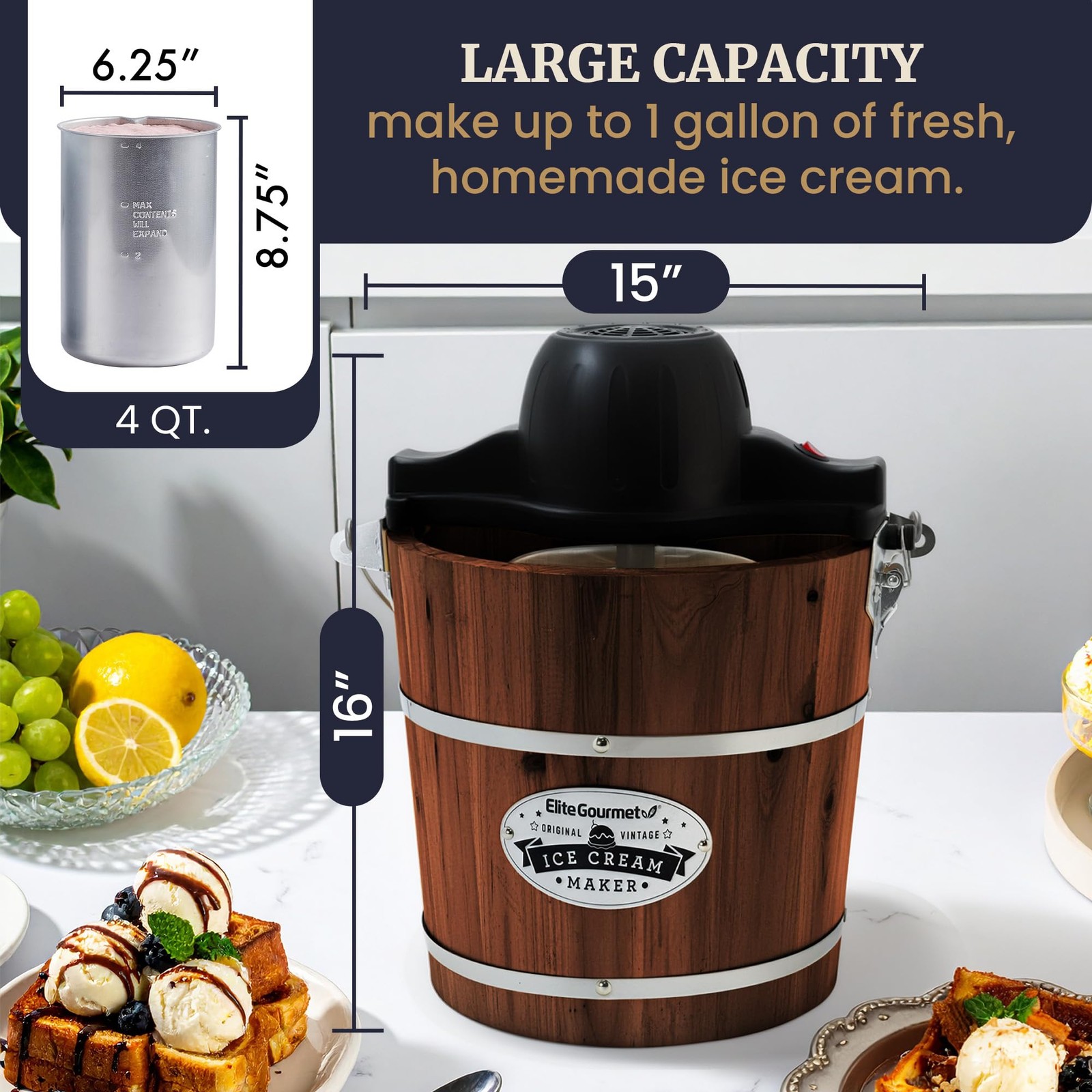 Elite Gourmet Eim418 Old Fashioned 4 Quart Vintage Walnut Wood Bucket Electric