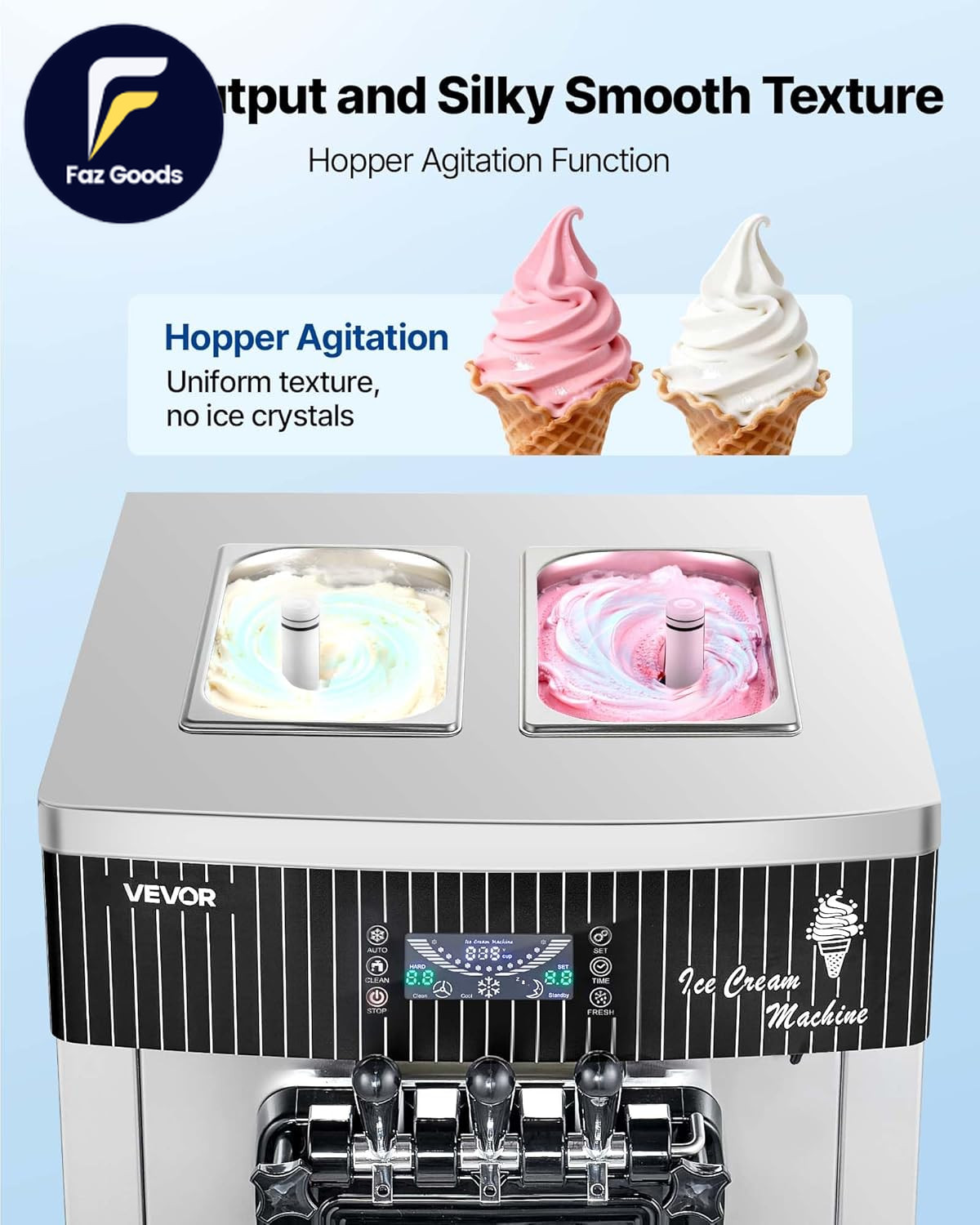 Commercial Ice Cream Machine, 20-28L/H Yield, 2200W 3-Flavor Freestanding Soft S