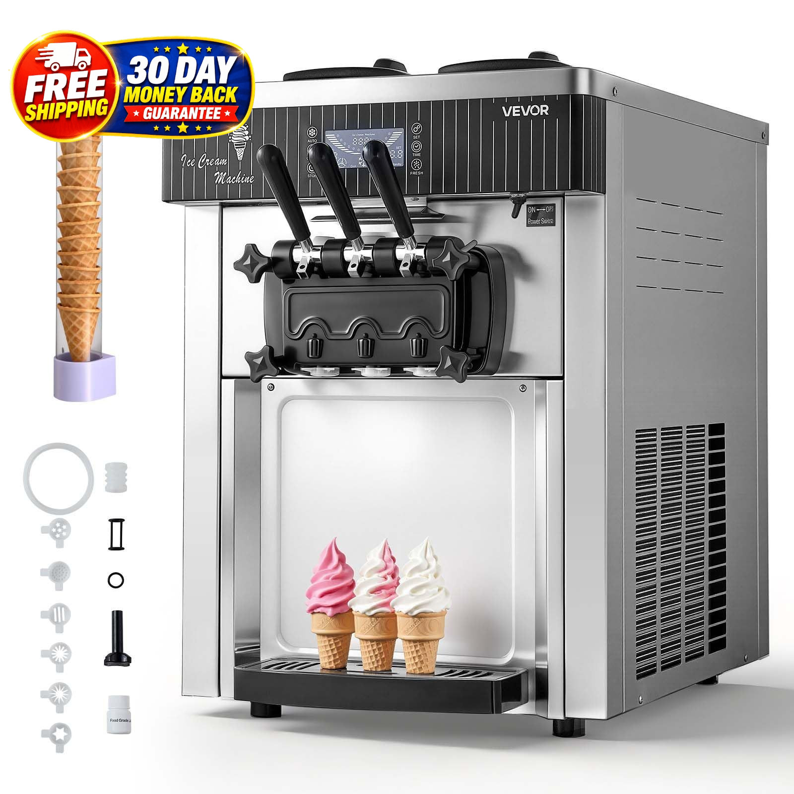 Commercial Ice Cream Machine 20-28L/H 3 Flavor Countertop Soft Serve Maker