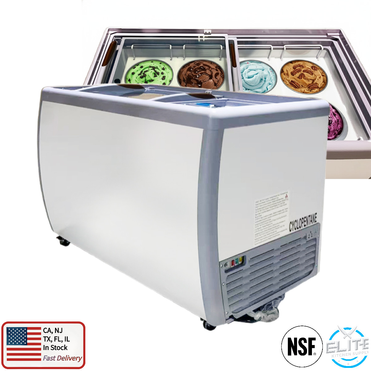 49″ Commercial Gelato Chest Freezer Glass Door 8 Tubs Ice Cream Display NSF