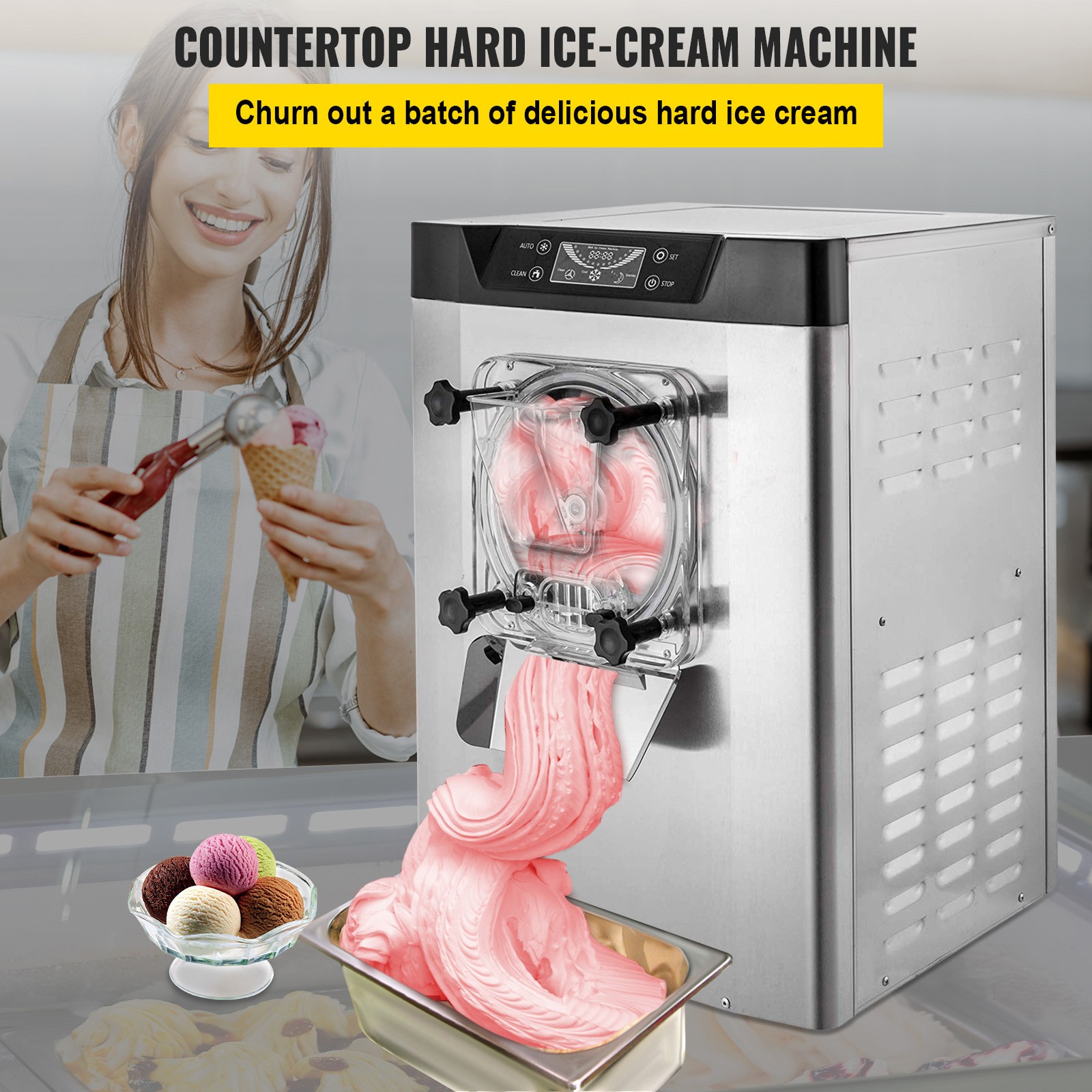VEVOR 20L/H Frozen Hard Ice Cream Machine LCD Display Commercial Yogurt Maker