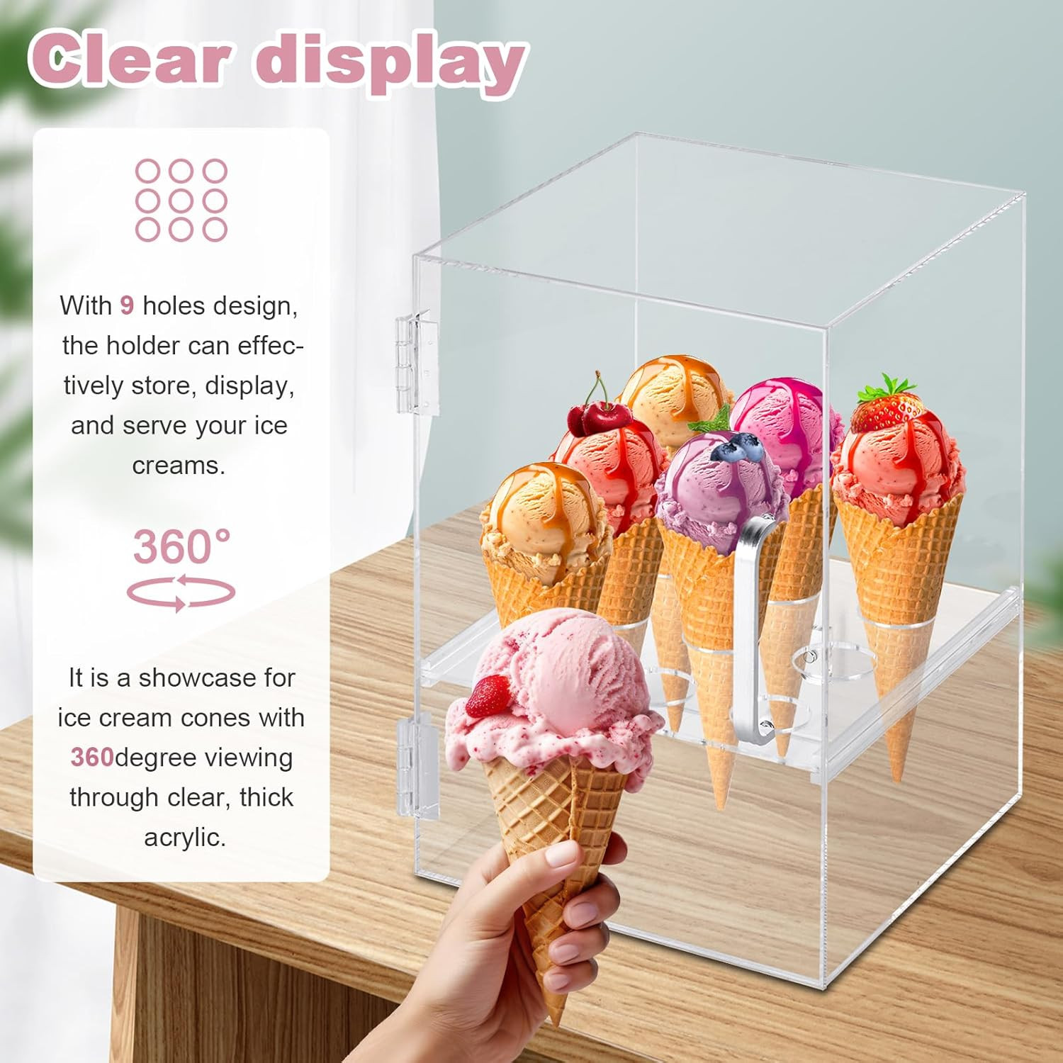 Acrylic Ice Cream Cone Holder 9 Holes Ice Cream Cones Cabinet with 10 Paper Cups