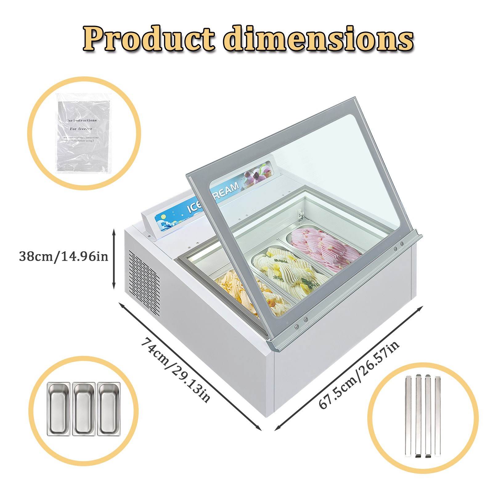 USA Kolice Ice Cream Dipping Cabinet Showcase Freezer with 3 Pans, Auto Defrost
