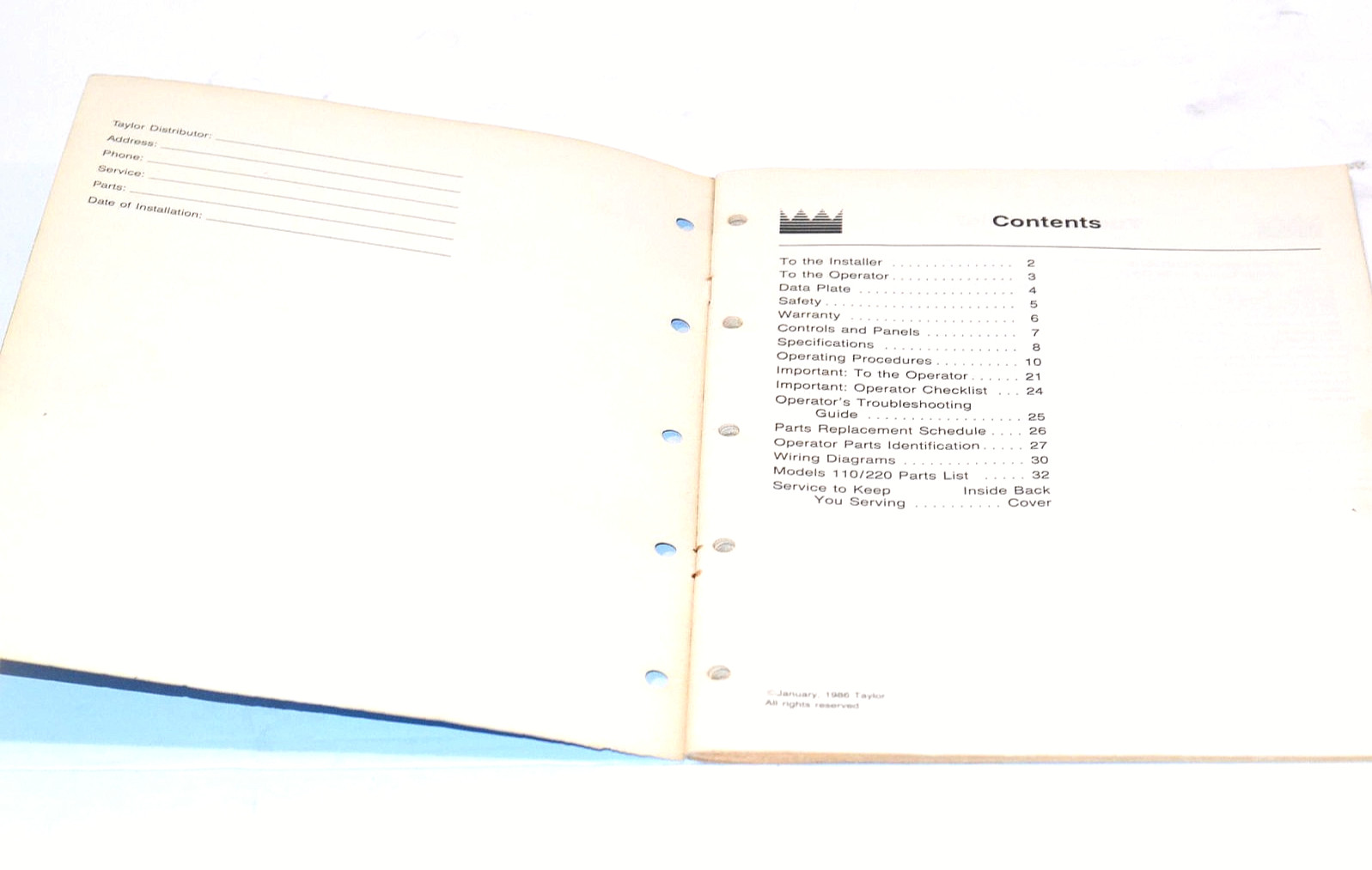 1986 Taylor Batch Ice Cream Freezer Operator’s Manual For Model 110/220