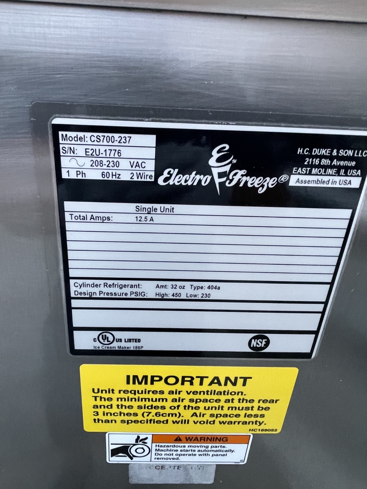 Electro Freeze CS700 Shake machinw with Spindle single PH, air cooled