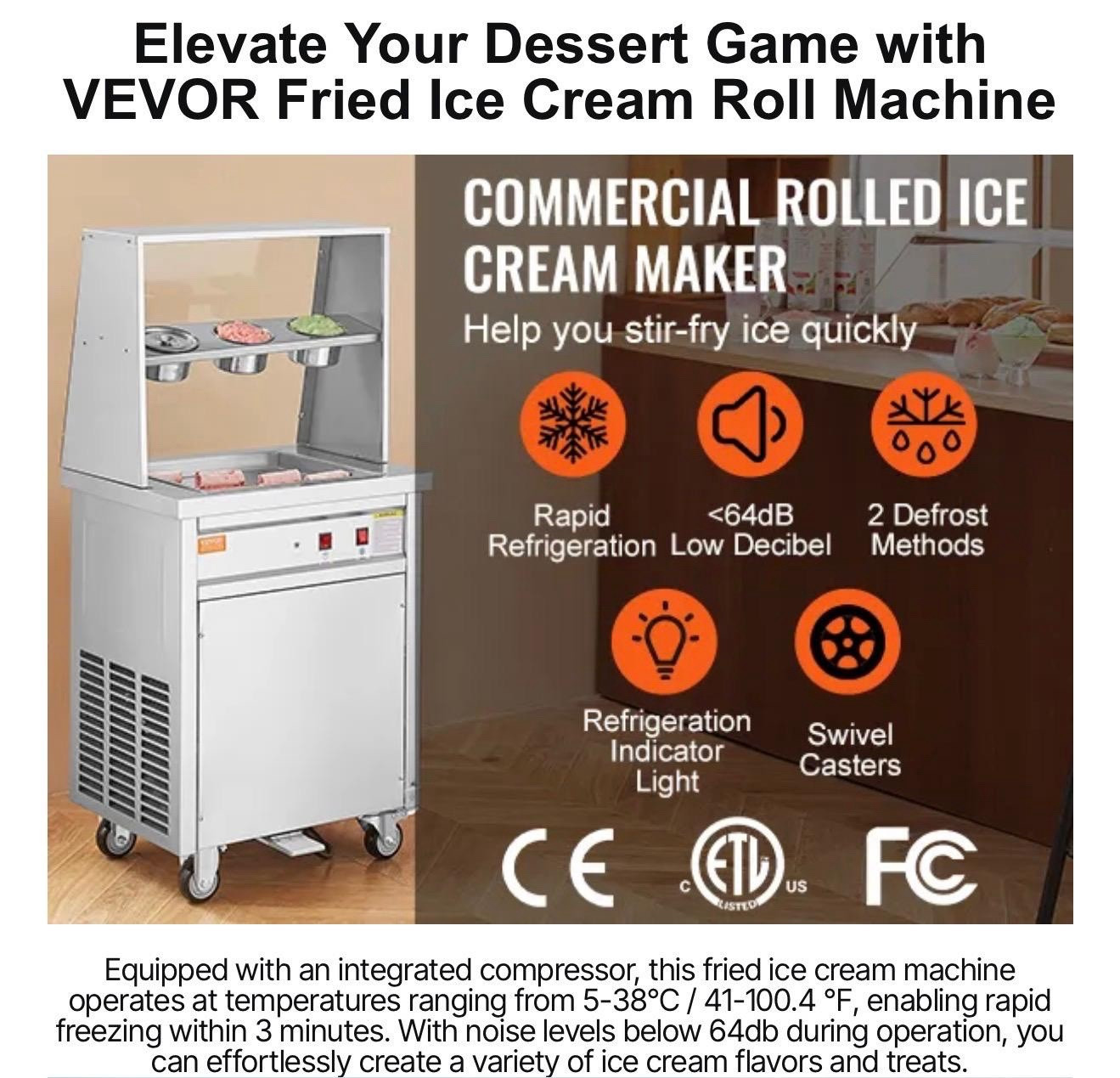 VEVOR Commercial Rolled Ice Cream Machine Single Pan, 1 Bucket CBJF-1DC-350