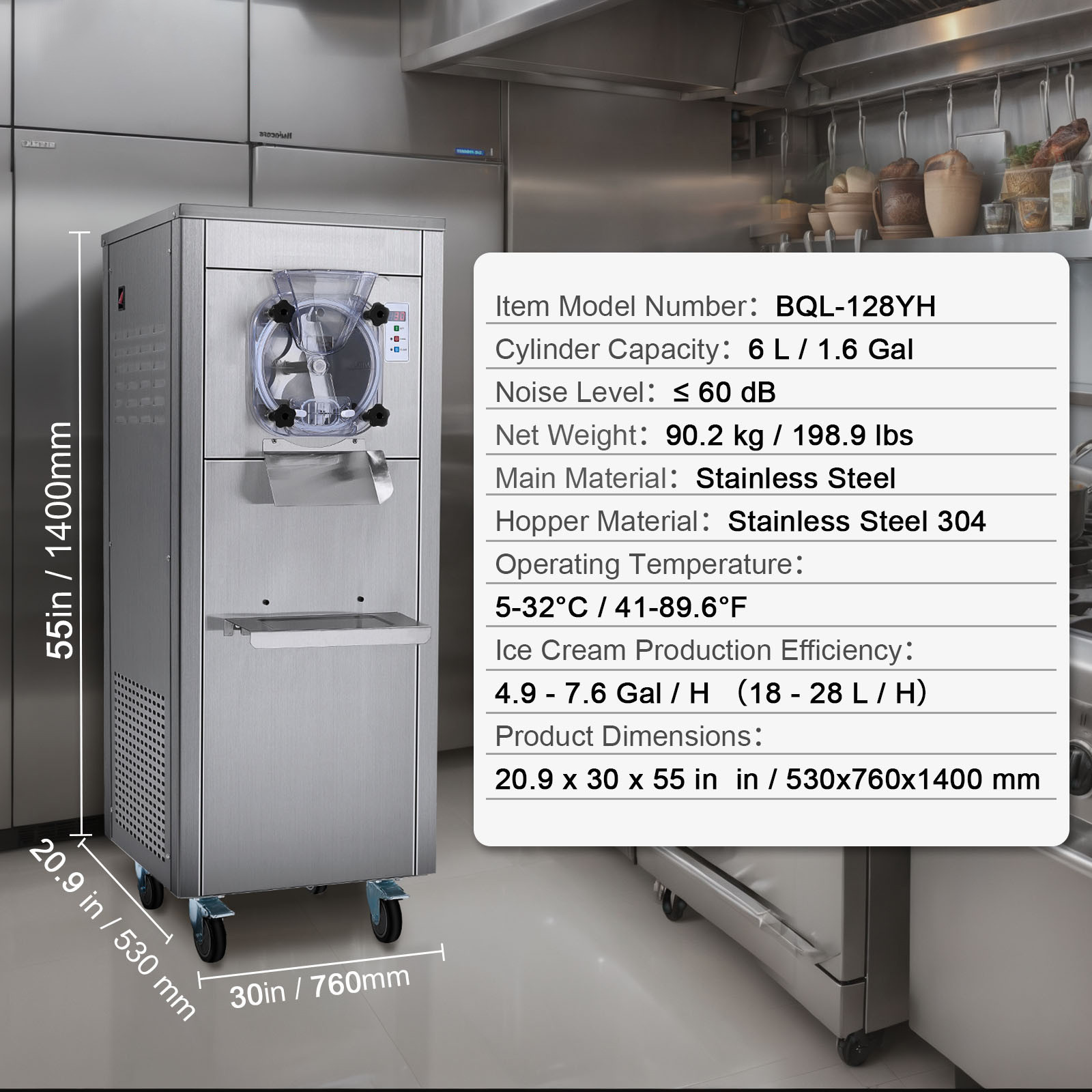 VEVOR Commercial Hard Serve Ice Cream Machine Maker 18 L/H Yield Single Flavor