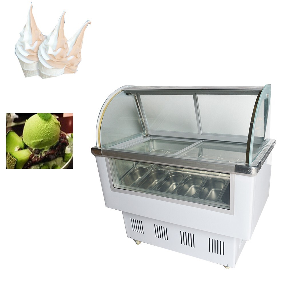 12 Pan Ice Cream Showcase Tempered Glass Freezer Display with LED Light 220V