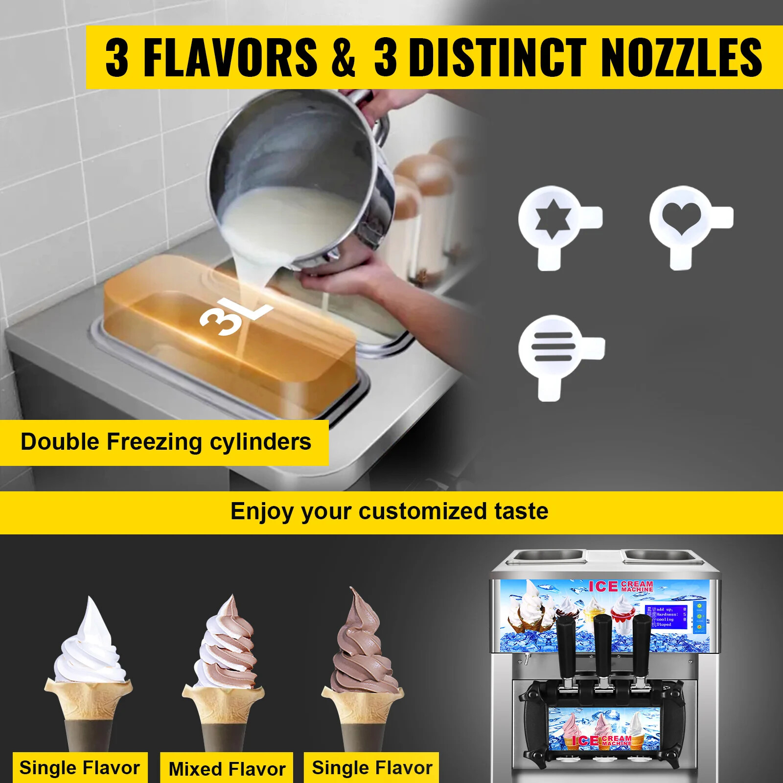 18L/H Maker 3 Flavors Home Commercial Ice Cream Machine Countertop Soft Serve