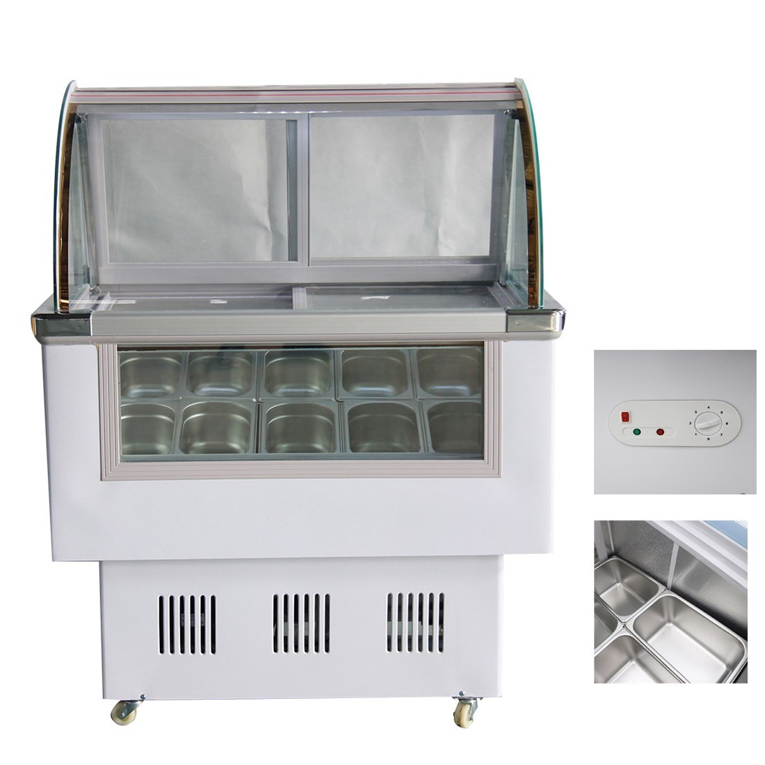 220V 10PAN Ice Cream Showcase Gelato Display Case Freezer LED Light Large Window