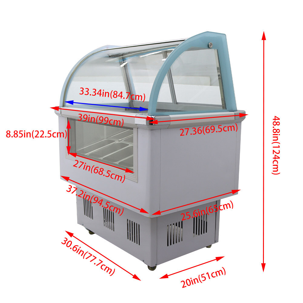 10 PAN Hard Ice Cream Showcase with LED Light Display Cabinet Freezer 220V 180W