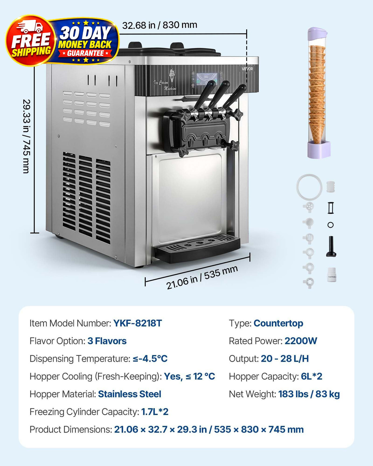 Commercial Ice Cream Machine 20-28L/H 3 Flavor Countertop Soft Serve Maker