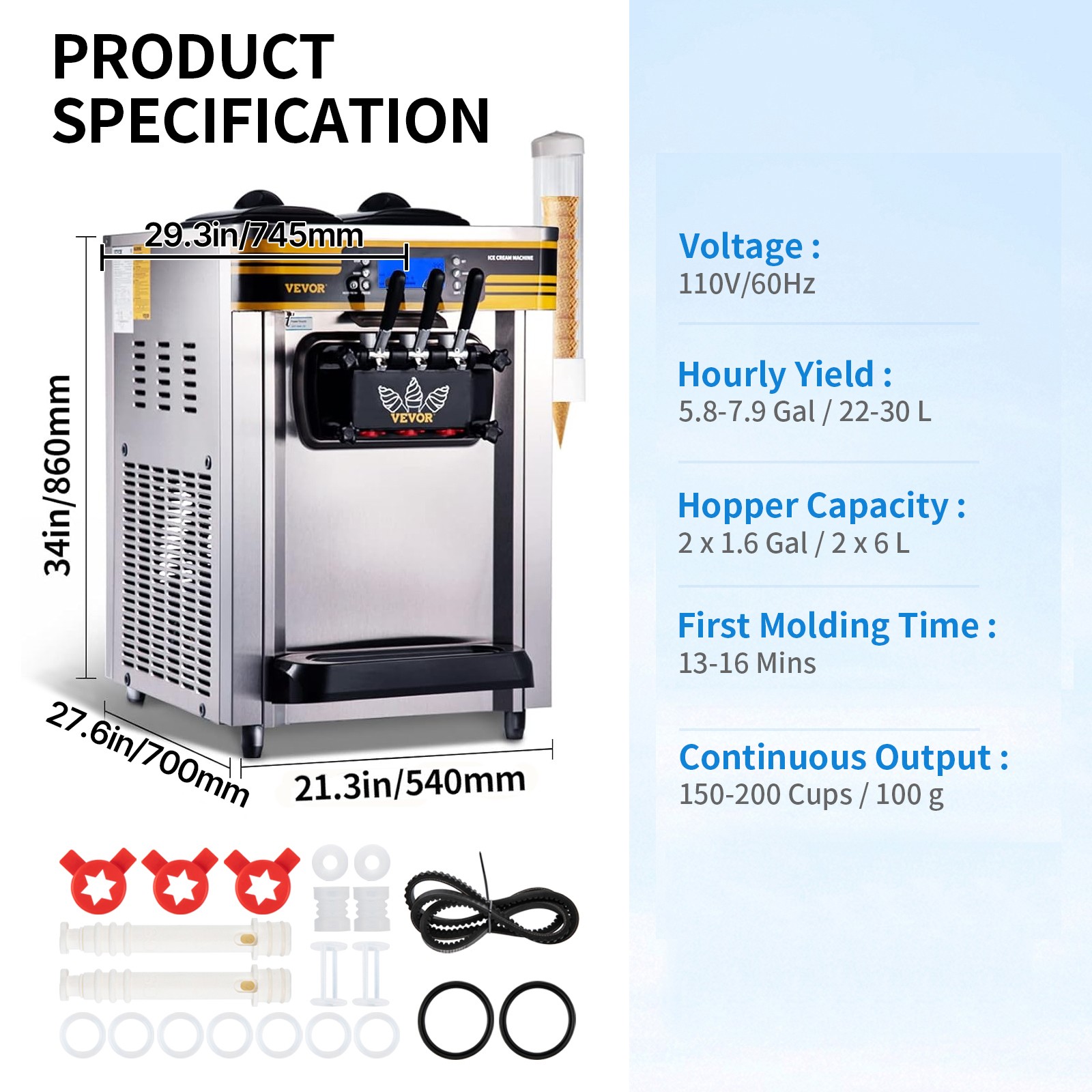VEVOR Countertop Soft Serve Ice Cream Maker 22-30L/H 2350W Frozen Yogurt Machine