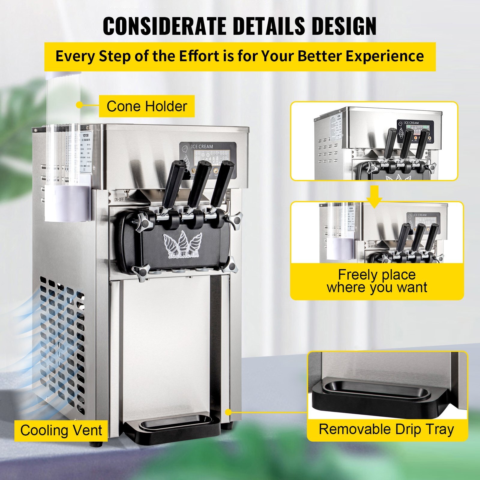 SIHAO Countertop 1200W 2+1Flavor Soft Serve5Gal/H LCD Ice Cream Machine Maker