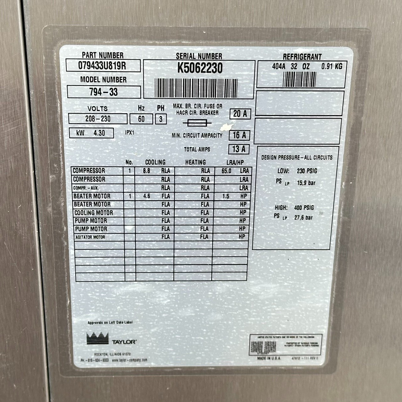 Taylor 794-33 Soft Serve Ice Cream Maker 3 Phase 208–230V (Water Cooled)