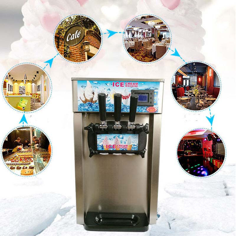 3-head Countertop Commercial Soft Ice Cream Machine W/LED Display 110V 1200W