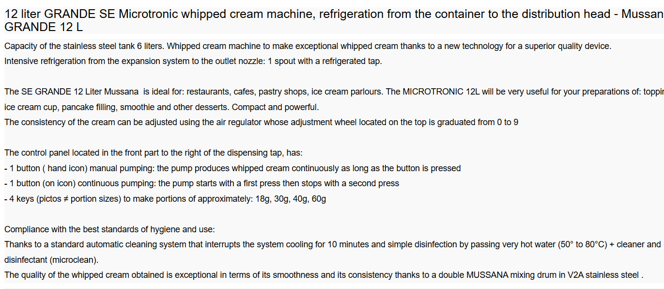 ! unused MUSSANA GRANDE Whipped Cream Machine 12 Qt Liters technogel carpigiani