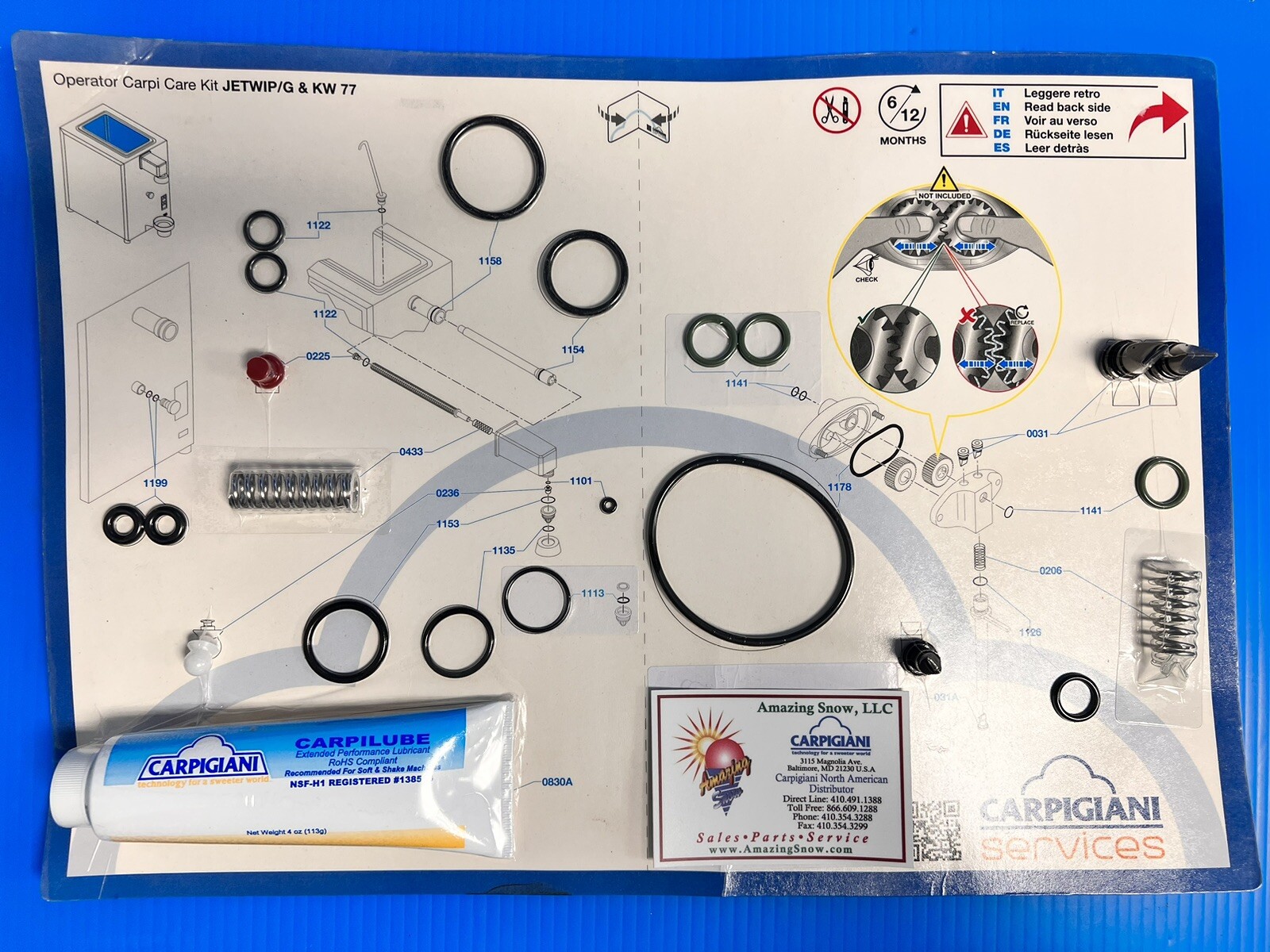 Carpigiani Parts Coldelite Whipped Cream Machine Tune UP Kit Model KW 77