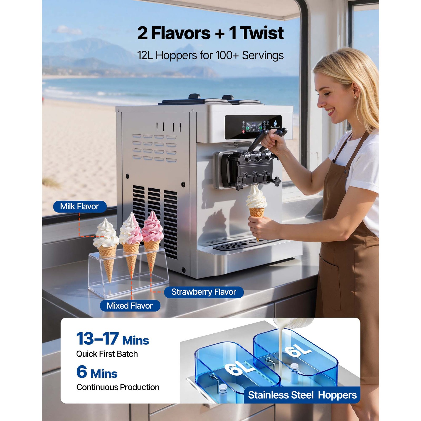 Uimoso Commercial Soft Serve Ice Cream Maker 2200W with 3 Flavors