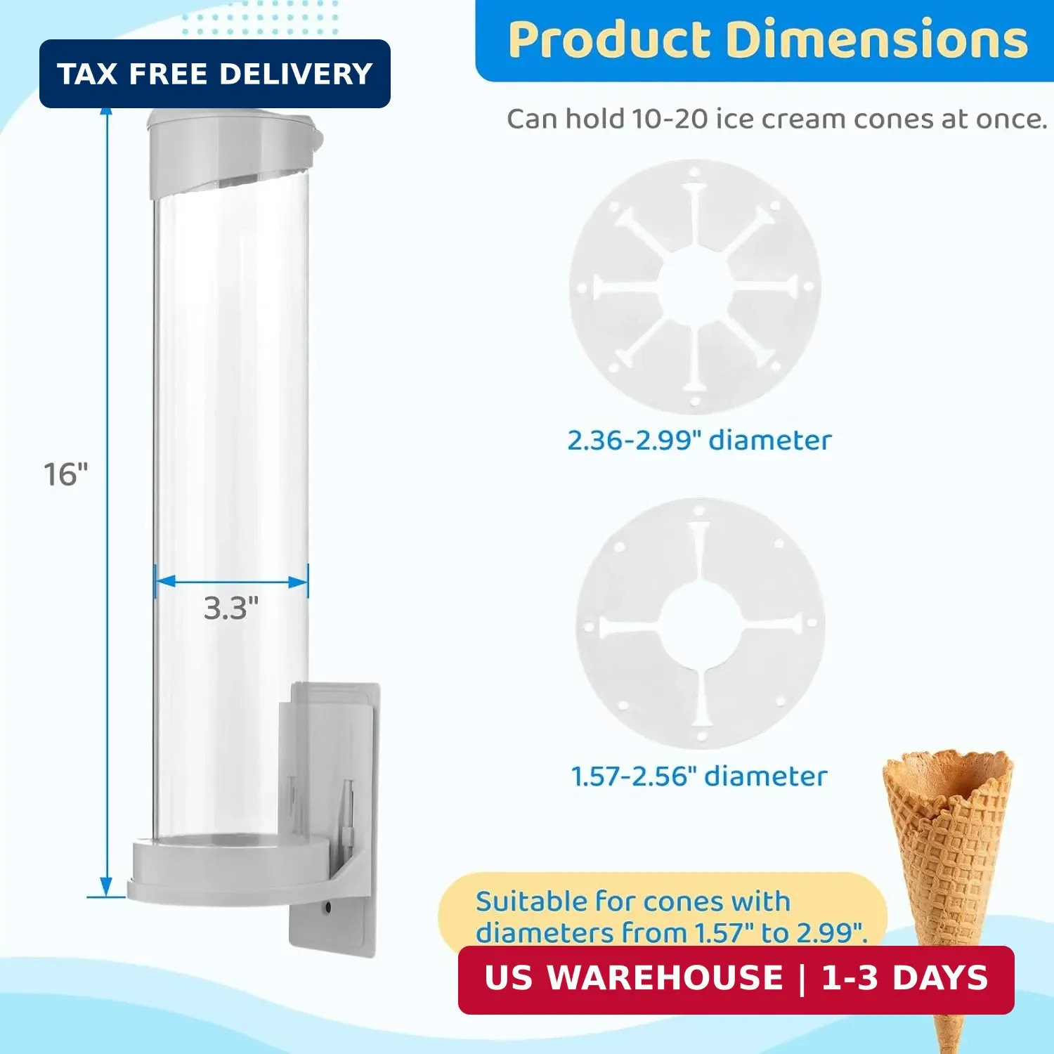 2PCS 16” Resturant Ice Cream Cone Dispenser (Commercial), Fit for Most Cone & W