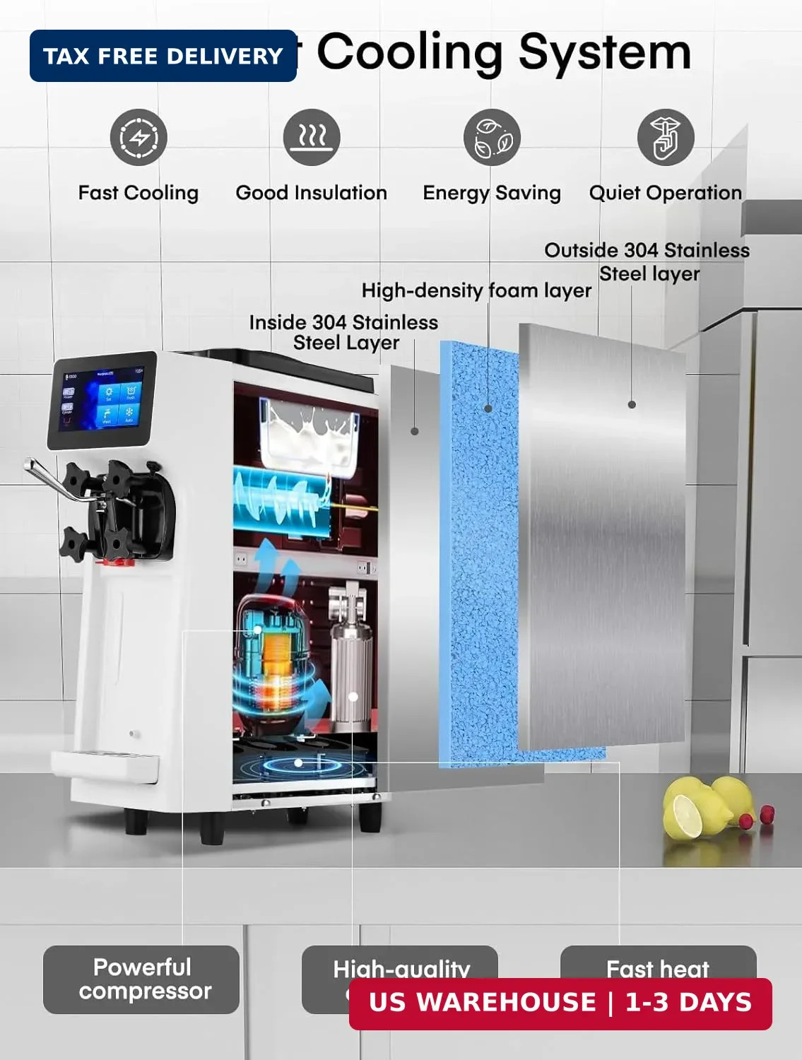 Commercial Ice Cream Machine White Soft Serve Machine 10.4-20 QT/H Pre-Cooling